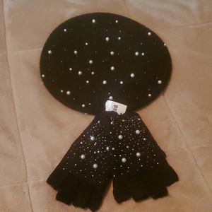 INC Black&Pearl wool Beret with Black & Pearl studded fingerless gloves